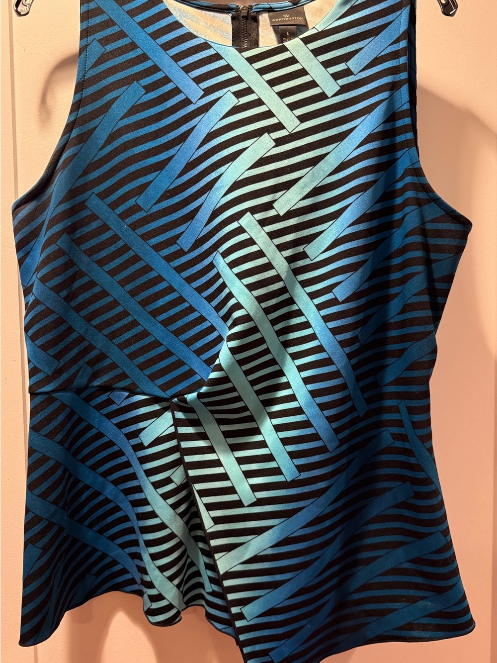 Worthington Blue and Teal Geometric Sleeveless Peplum Tank